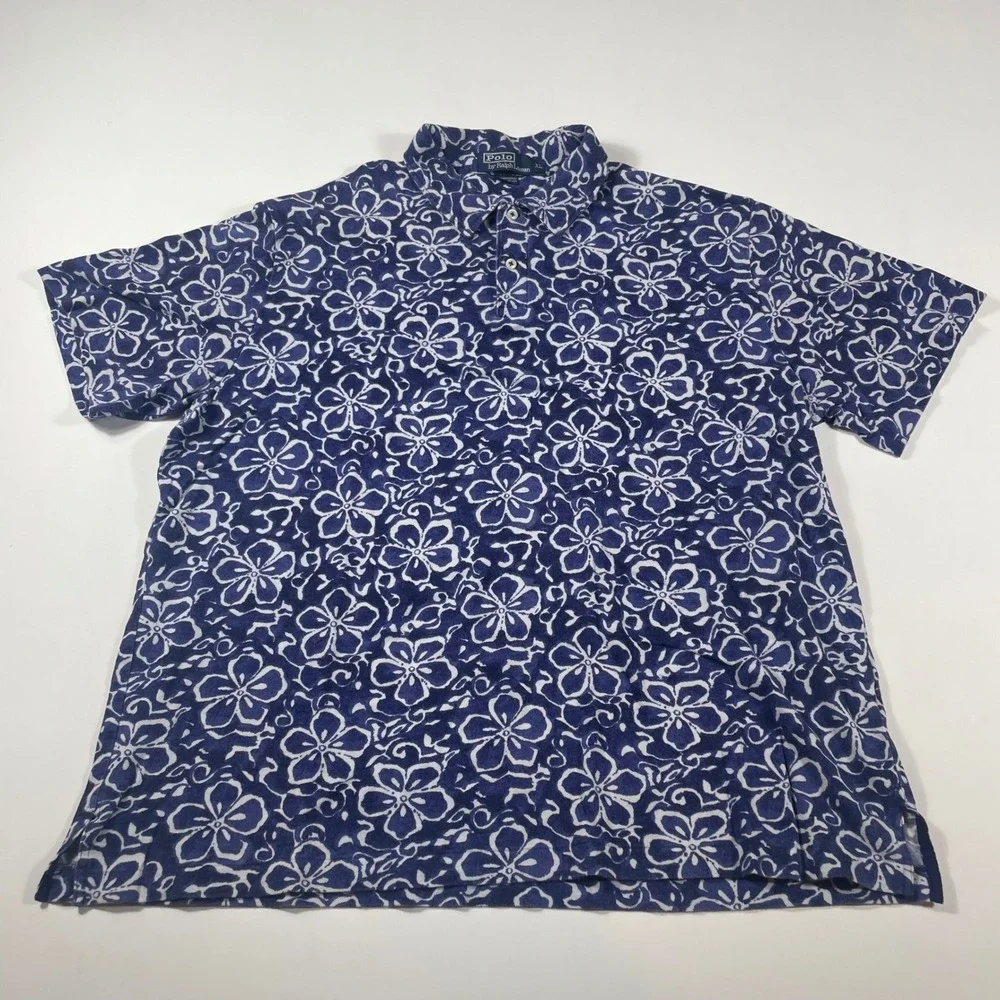 Polo Ralph Lauren Polo Shirt Mens XL Floral Hibiscus Print Blue White